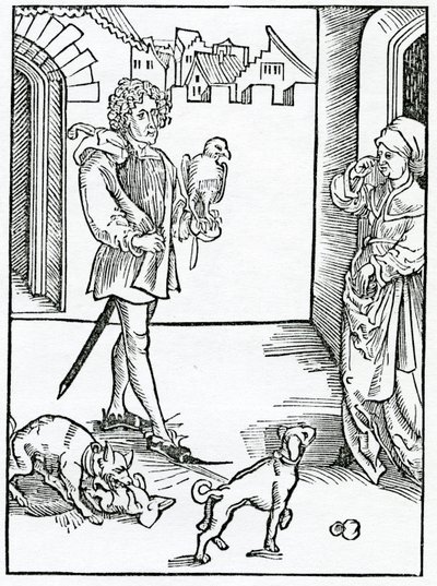 Von denen, die Geräusche machen, Geschichten erzählen und andere ungesetzliche und unehrliche Dinge in der Kirche Gottes tun, Illustration aus Alexander Barclays englischer Übersetzung von 